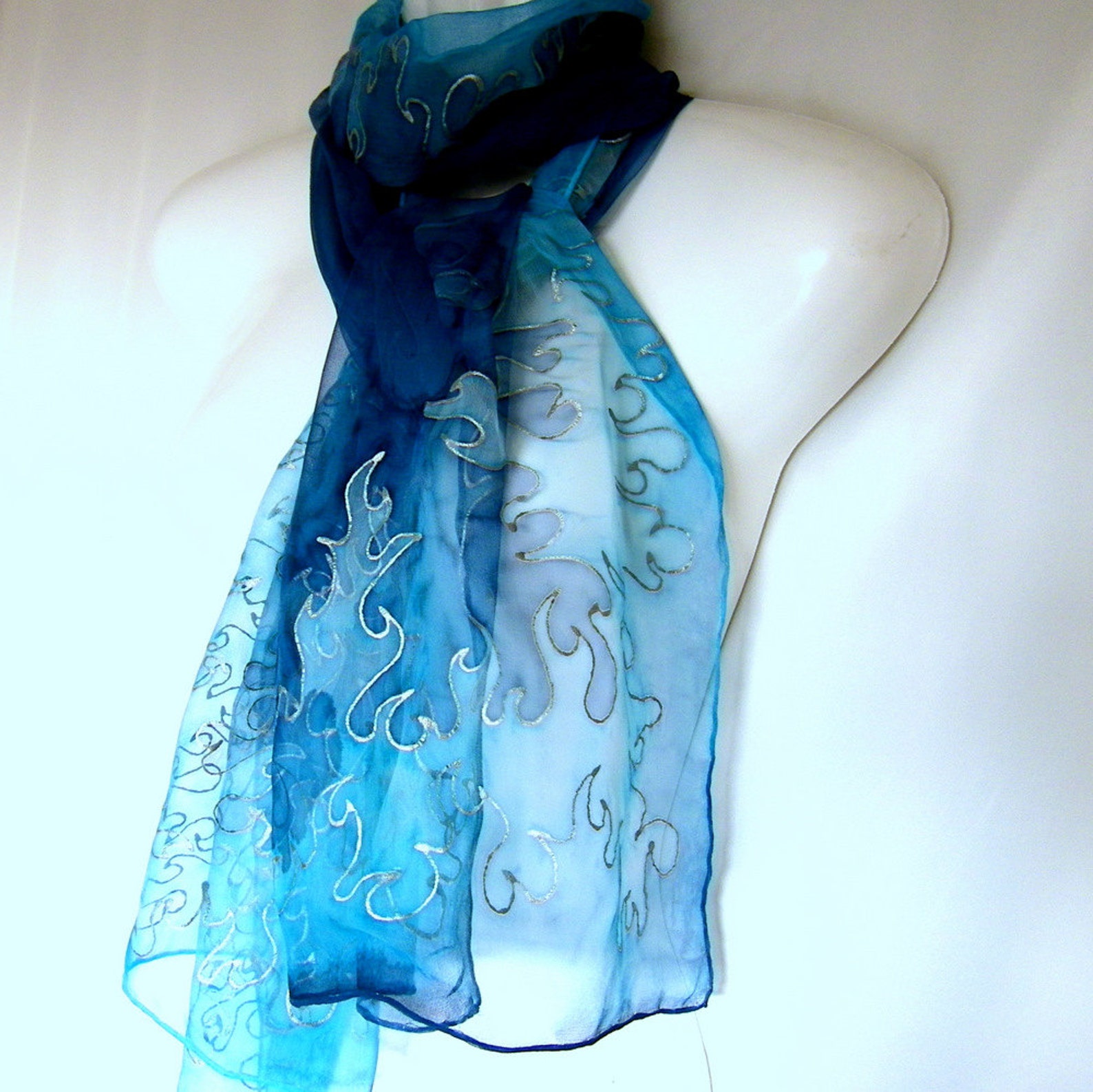 Blue Silk Scarf Hand Painted Silk Scarf Ice Blue Dark Blue Etsy