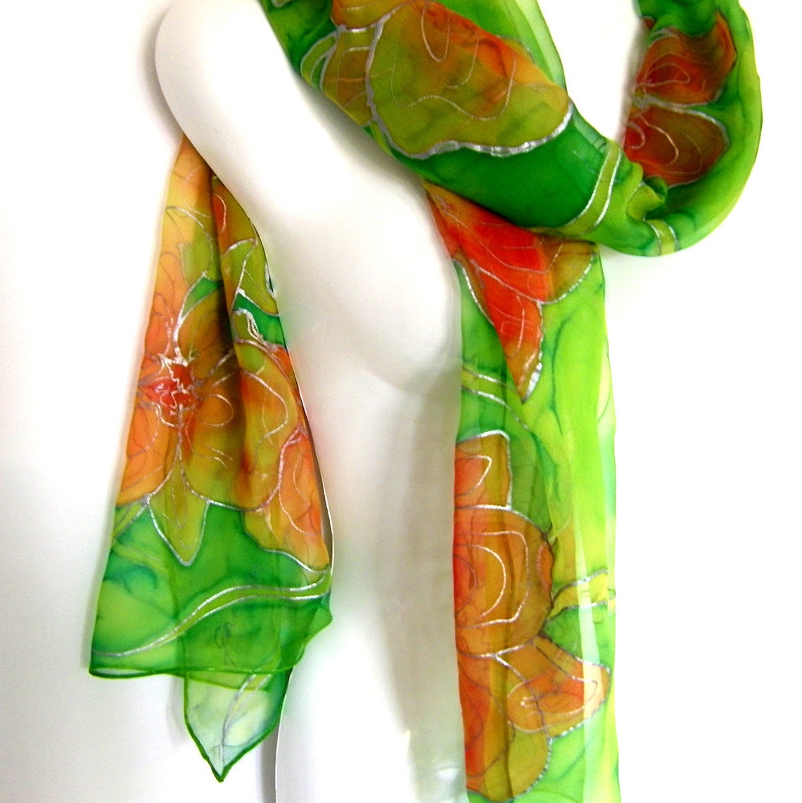 Hand Painted Silk Scarf Orchids Orange May Green Floral Etsy