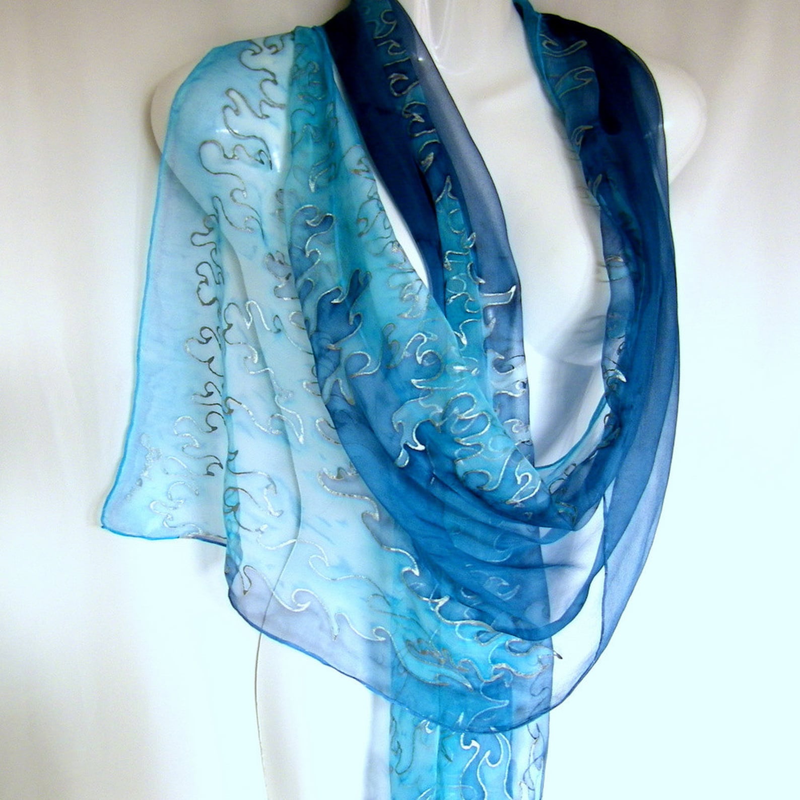 Blue Silk Scarf Hand Painted Silk Scarf Ice Blue Dark Blue Etsy