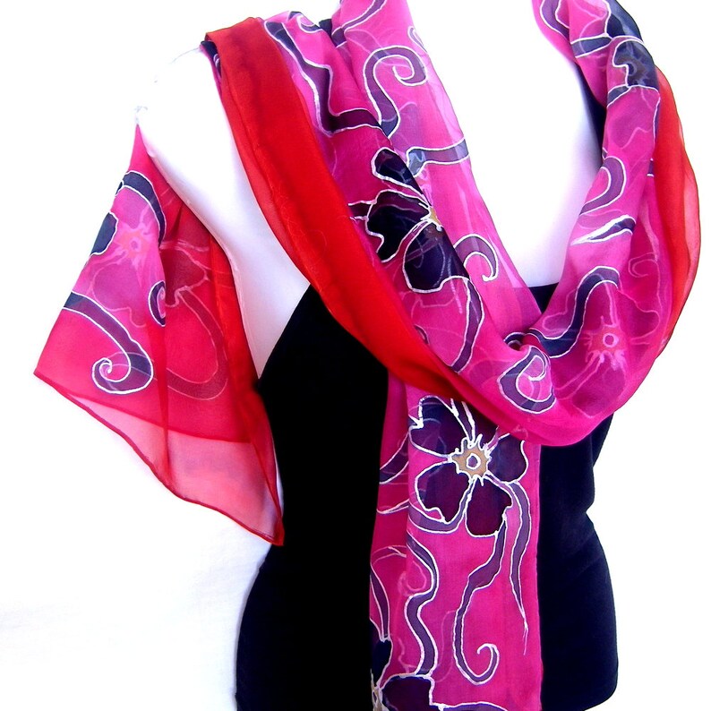 Hand Painted Silk Scarf Floral Red Black Silk Chiffon Etsy