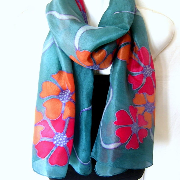 Hand Painted Silk Scarf, Floral, Teal Red Orange, 71" x 18", Gift For Her