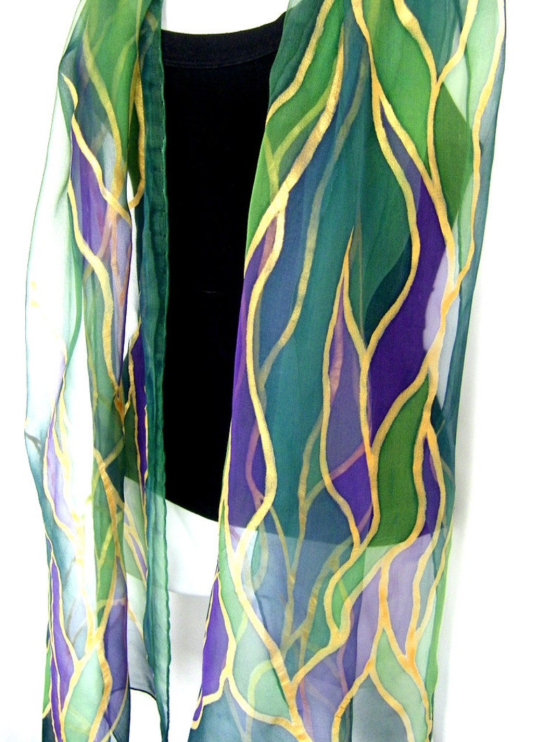 Hand Painted Silk Scarf Abstract Leaves Forest Green Etsy