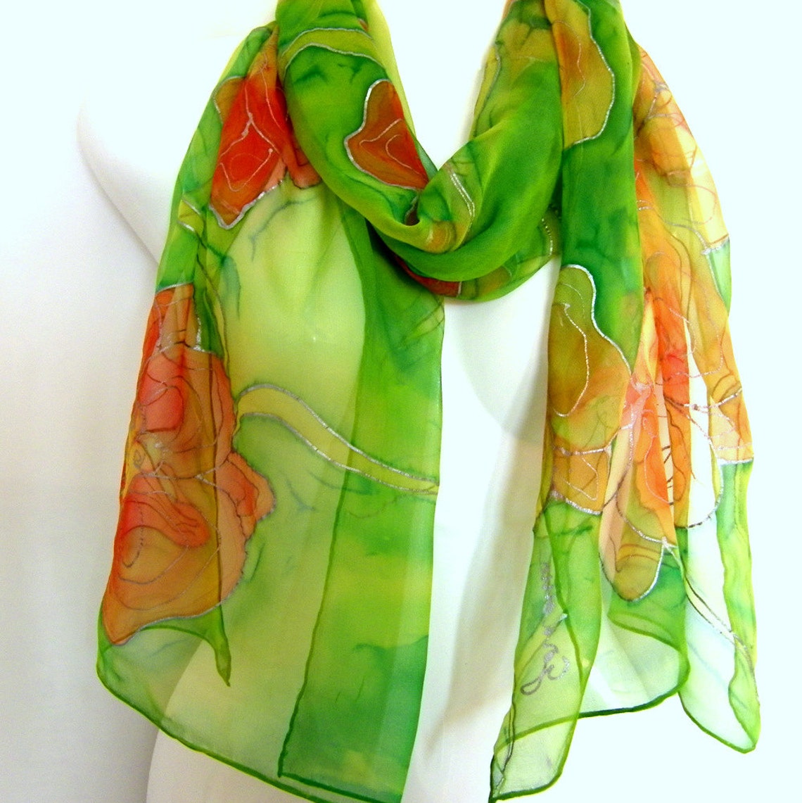 Hand Painted Silk Scarf Orchids Orange May Green Floral Etsy
