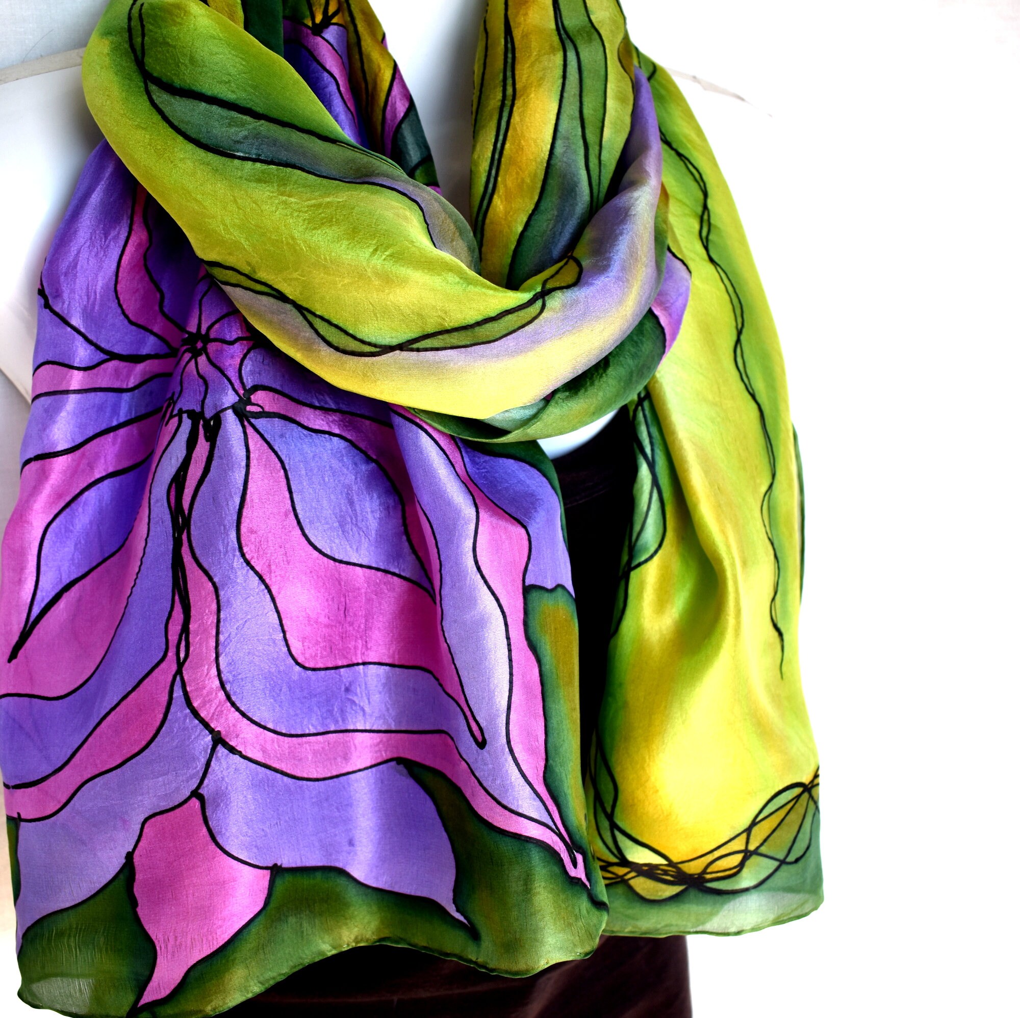 Floral Silk Scarf Hand Painted Silk Scarf Purple Green Etsy
