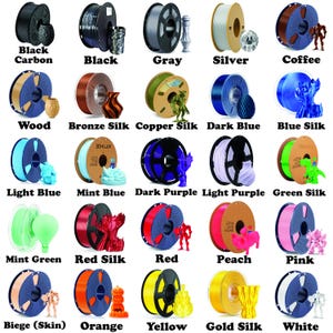 May include: A collection of 3D printer filament spools in various colors, including black, gray, silver, coffee, wood, and blue. Each spool is labeled with its color name, such as "Black Carbon," "Bronze Silk," and "Light Blue." The image also shows 3D printed models.