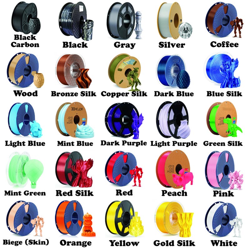 May include: A collection of 3D printer filament spools in various colors, including black, gray, silver, coffee, wood, and blue. Each spool is labeled with its color name, such as "Black Carbon," "Bronze Silk," and "Light Blue." The image also shows 3D printed models.