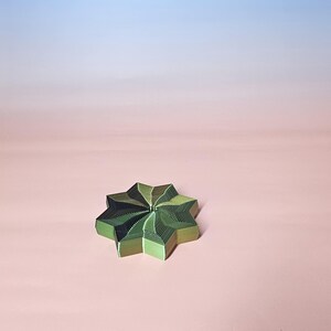 May include: A green, star-shaped paper sculpture with layered, folded edges. The artwork features varying shades of green, creating depth and dimension. The background is a gradient of pink and blue.