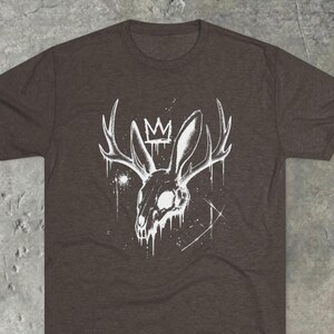 Jackalope Tri Blend Shirt, Cryptid Skull Tee, Horned Rabbit Gothic Gift, Spooky Halloween T Shirt