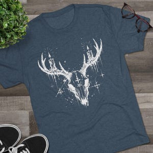 Wendigo Tri Blend Shirt, Cryptid Horror Tee, Deer Skull Gothic Gift, Spooky Halloween T Shirt