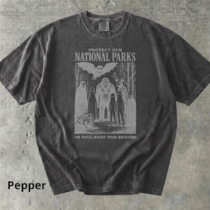 May include: Pepper-colored t-shirt with a graphic that reads "PROTECT OUR NATIONAL PARKS" above an illustration of forest creatures. Below the graphic, the text reads "OR WE'LL HAUNT YOUR BACKYARD".