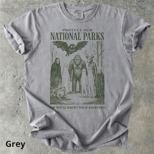 May include: Grey t-shirt with a graphic featuring a bat, Bigfoot, deer, ghosts, and a frog. The text reads "PROTECT OUR NATIONAL PARKS" above the illustration and "OR WE'LL HAUNT YOUR BACKYARD" below. The shirt is a comfortable, casual style.