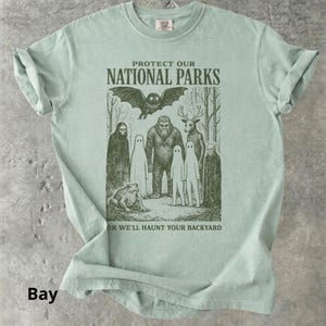May include: A light green t-shirt with a graphic that reads "PROTECT OUR NATIONAL PARKS" and "OR WE'LL HAUNT YOUR BACKYARD". The graphic features a bat, Bigfoot, a deer, a frog, and several ghost-like figures. The shirt is a solid color.