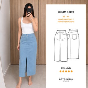 May include: A light blue denim skirt with a front slit, shown alongside a technical sewing pattern illustration labeled DENIM SKIRT, XS-XL, sewing pattern + video instructions, skill level, and OCTOPUSSY STUDIO.