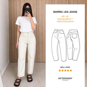 May include: A sewing pattern for barrel leg jeans in sizes XS-XL, featuring video instructions. The image displays a white t-shirt and off-white jeans, alongside a technical line drawing of the front and back of the jeans, labelled BARREL LEG JEANS and OCTOPUSSY STUDIO.