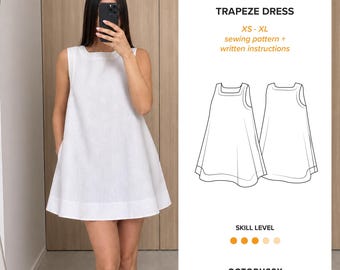 Puede incluir: Un vestido trapecio blanco sin mangas con escote cuadrado y bolsillos laterales. La imagen incluye un dibujo técnico del vestido, el texto TRAPEZE DRESS, XS - XL sewing pattern + written instructions, SKILL LEVEL y OCTOPUSSY STUDIO.