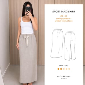 May include: A beige maxi skirt with an elastic waistband and a drawstring, paired with a white tank top. The graphic shows a sewing pattern for a sport maxi skirt, sizes XS-XL, with written instructions and a skill level indicator.