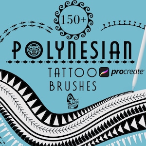 Può includere: Un'illustrazione digitale di disegni di tatuaggi polinesiani con il testo "150+ Polynesian Tattoo Brushes" e "procreate" su uno sfondo blu.