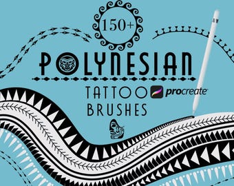 Peut inclure: Une illustration numérique de motifs de tatouage polynésiens avec le texte "150+ Polynesian Tattoo Brushes" et "procreate" sur un fond bleu.