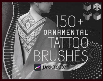May include: Black and white image of a person with a tattoo on their back. The image is for a set of 150+ ornamental tattoo brushes for Procreate.