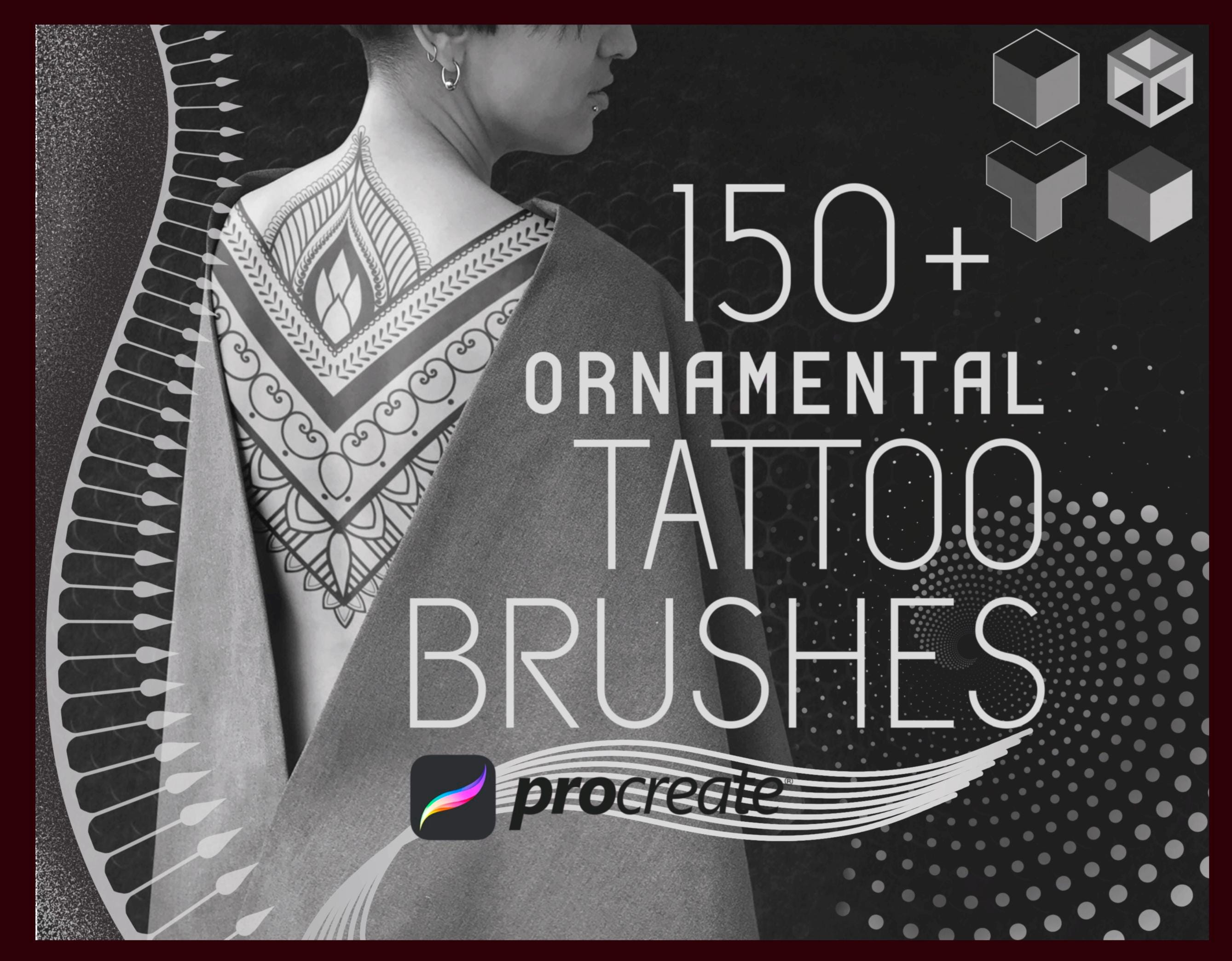 Pinceaux de tatouage ornementaux pour Procreate – Plus de 150 tampons Stippling, Filigrane, Mandala, Géométrique et Demi‑teinte