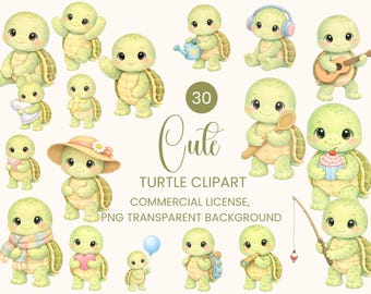 Paquete de imágenes prediseñadas de tortugas, descarga digital, PNG de 300 DPI (uso comercial)