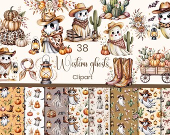 Paquete de imágenes prediseñadas de fantasmas vaqueros adorables, fantasma de Halloween en formato PNG.