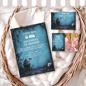 1er anniversaire de Little Boo, modèle de fête d'anniversaire de bébé Halloween, une effrayante invitation pour garçon ou fille, carte numérique modifiable