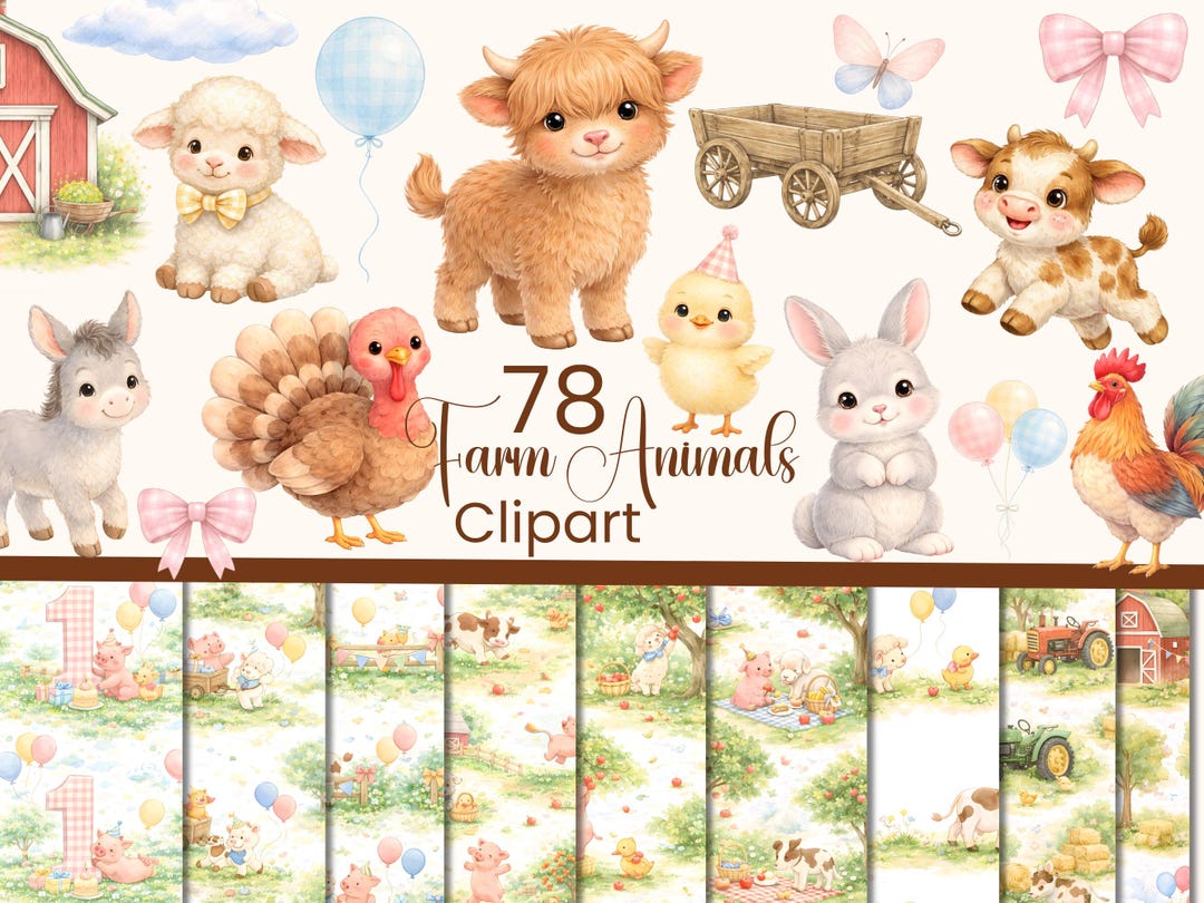 Watercolor Birthday Barn Clipart, Farm Animal Birthday PNG (commercial ...