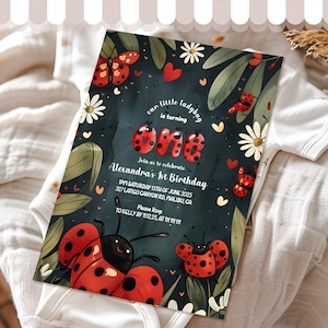 Invitación digital para el primer cumpleaños de Lady Bug, invitación personalizable con Lady Bug, tarjeta de cumpleaños editable para niñas, tarjeta de cumpleaños imprimible para niñas