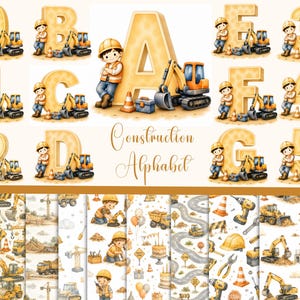 Puede incluir: Ilustraciones en acuarela de letras y números con temática de construcción, cada una con un trabajador de la construcción y una pequeña excavadora. Las palabras "Construction Alphabet" están escritas en cursiva. Debajo hay varios patrones con temática de construcción.
