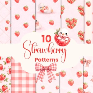 Peut inclure: Une collection de dix motifs de fraises dans des tons roses et rouges. Les motifs comprennent des fraises, du vichy, des nœuds et un poussin dans une fraise. Le texte "10 Strawberry Patterns" est affiché en cursive.