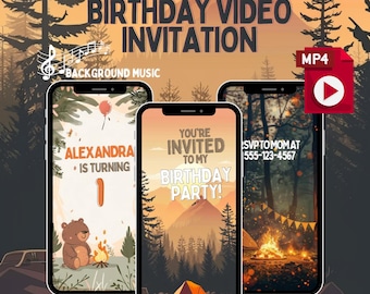 Invitación de cumpleaños editable en video con música para campistas (plantilla MP4)