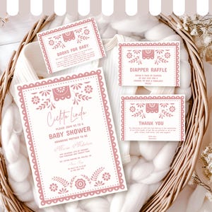 Pink Cielito Lindo Baby Shower Invitation Set, Editable Mexican Theme, Papel Picado Bundle, Digital Template,Cielito Lindo Baby Bundle