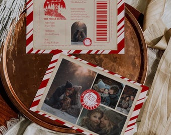 May include: Two holiday-themed cards with red and white striped borders. One card is designed as a Polar Express ticket with text and a train illustration. The other card features family photos and a "North Pole Delivery" seal.