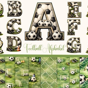 Könnte beinhalten: Eine Sammlung von Buchstaben und Zahlen zum Thema Fußball, die jeweils mit einem Fußballmuster gestaltet sind. Die Buchstaben und Zahlen sind mit Fußballschuhen und kleinen Fußbällen verziert. Die Worte "Football Alphabet" sind in Kursivschrift geschrieben.