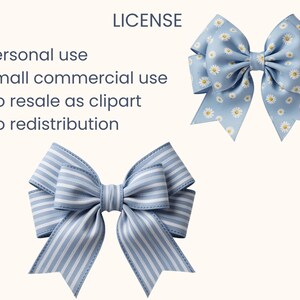 May include: Two decorative bows in the image. One bow is light blue with white daisy patterns. The other bow is light blue with white stripes. The word "LICENSE" is at the top of the image, with a list of usage rights.