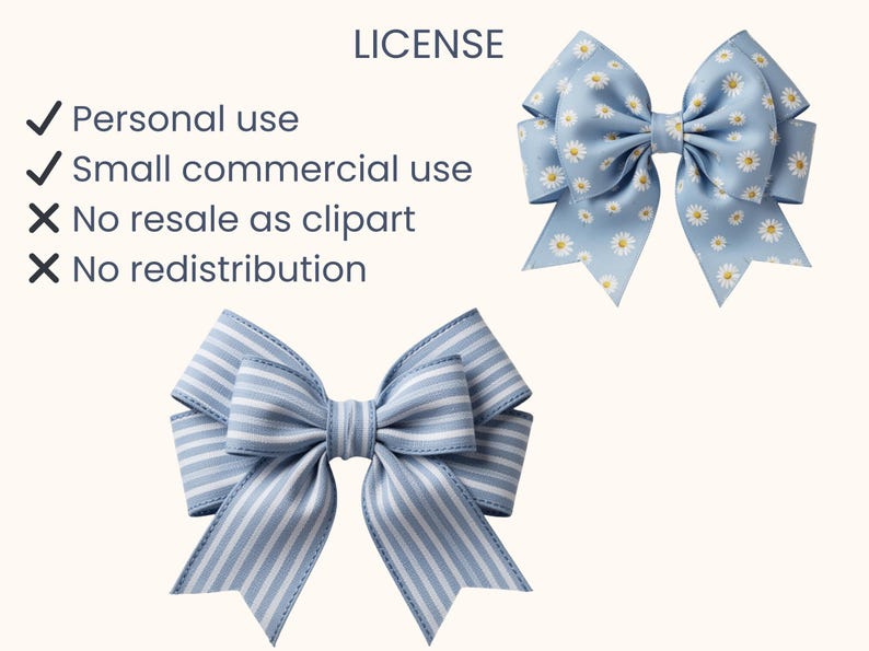 May include: Two decorative bows in the image. One bow is light blue with white daisy patterns. The other bow is light blue with white stripes. The word "LICENSE" is at the top of the image, with a list of usage rights.