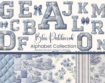 Paquete PNG de alfabeto de patchwork de toile azul (uso comercial)