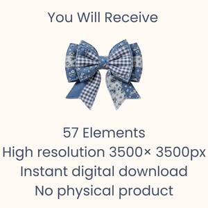 May include: A blue fabric bow with a patchwork design, including floral, gingham, and solid blue sections. The image includes the text "You Will Receive" and "57 Elements". The bow is a decorative item.
