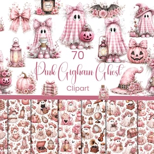Op de afbeelding: Een collectie van 70 Pink Gingham Ghost clipart-afbeeldingen met geesten in roze geruite lakens, roze pompoenen, lantaarns, strikken en bloemaccenten. De tekst luidt 70 Pink Gingham Ghost Clipart, met diverse achtergronden met patronen.