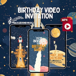 Può includere: Un invito video digitale di compleanno a tema spaziale. Il design include razzi, pianeti e il testo "Invito Video Compleanno". L'invito è progettato per una festa di compleanno e include data, ora e luogo.