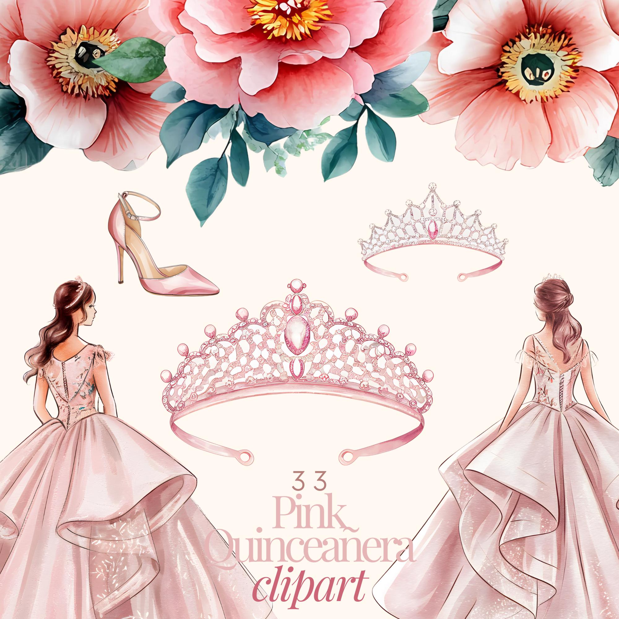 Pink Quinceanera Clipart, Watercolor Princess,elegant Dress,birthday ...