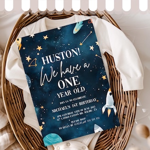 Editable Space Birthday Invitation First Trip Around The Sun Houston we have a one year old, Astronaut Outer Space Planet rocket blast off