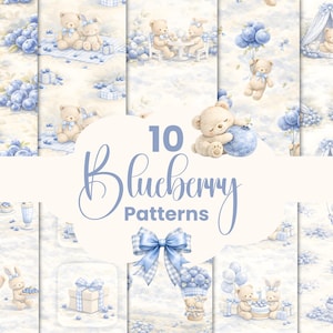 Puede incluir: Diez patrones de acuarela con osos de peluche, conejitos, arándanos y cajas de regalo en tonos azules y blancos. Los patrones incluyen varias escenas con el texto "10 Blueberry Patterns" en cursiva.