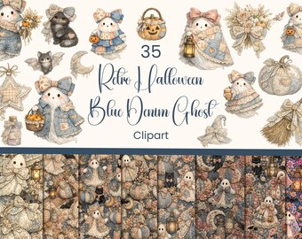 Imágenes prediseñadas de fantasmas de mezclilla azul estilo retro para Halloween (uso comercial)