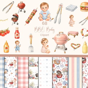 May include: Watercolor illustrations of BBQ-themed baby clipart. The image includes a variety of items such as a red grill, burgers, skewers, baby figures, and patterned backgrounds. The text "68 BBQ Baby Clipart" is also visible.