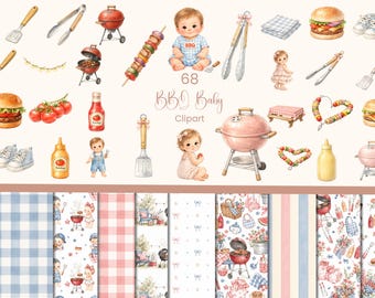 Imágenes prediseñadas de acuarela para bebés con barbacoa, gráficos para baby shower, descarga PNG