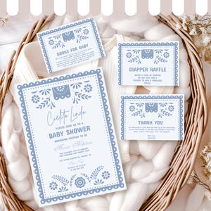 Conjunto de invitación de baby shower de Cielito Lindo azul, tema mexicano editable, paquete de Papel Picado, plantilla digital, paquete de bebé Cielito Lindo