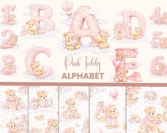 Alfabeto de oso rosa PNG Clipart: Letras para guardería de niña (USO comercial)