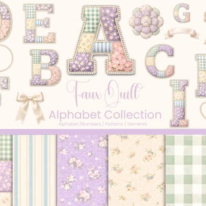 Könnte beinhalten: Eine Sammlung von Buchstaben, Zahlen, Mustern und Elementen des Faux-Quilts in Pastellfarben. Die Buchstaben sind mit Blumen- und Vichy-Mustern verziert. Das Bild enthält eine Schleife, eine Blume und verschiedene gemusterte Hintergründe.